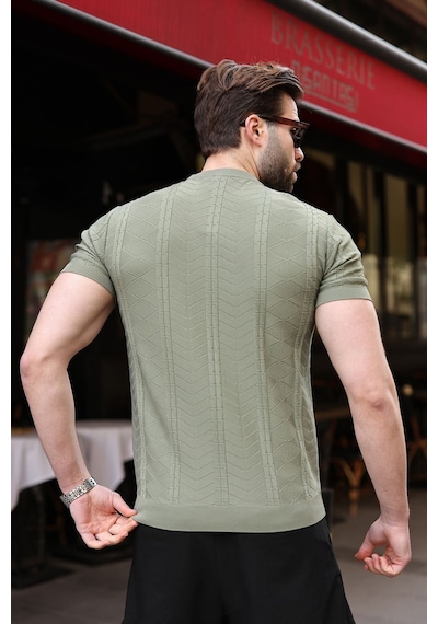 Haki Bisiklet Yaka Slim Fit Triko Erkek Tişört E7466