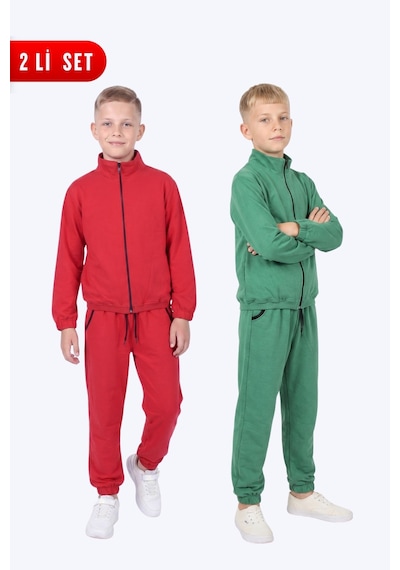 Fyk Kids Erkek Çocuk 2'li Dik Yaka Fermuarlı Beli Bağcıklı Lastik Paça Eşofman Takımı Kırmızı-yeşil