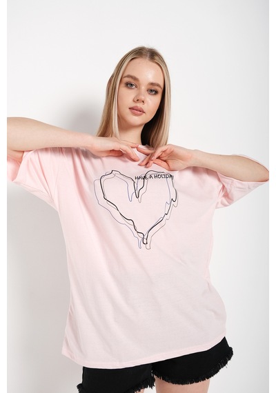 Flood Of Style Kadın Çizgili Figür Kalp Pudra Pembe T-shirt Have A Holiday Baskılı