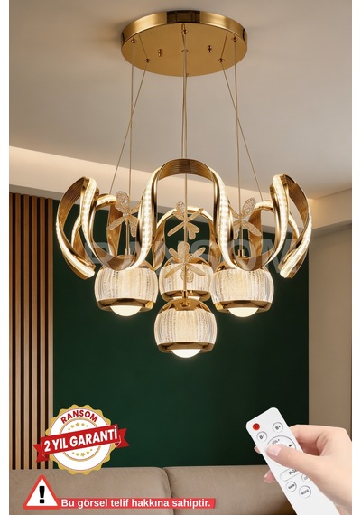 Ransom İthal Seri 4 Toplu Taç Büyük Led Avize 3 Renk Kumandalı Gold Kasa Ledli Salon Avizesi Altın