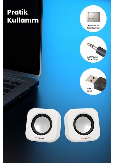 Sprange Sr-pn99 2w 2 Usb 2.0 + 3.5mm 5v Pc Bilgisayar Hoparlör Beyaz