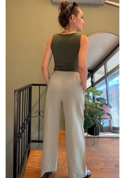 Ali Butik Haki Yandan Bağlama Detaylı Keten Pantolon