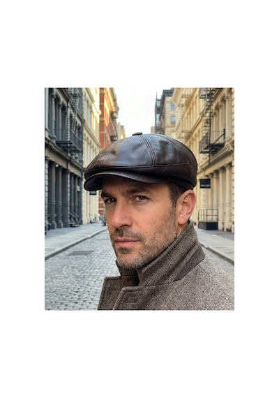 Emybox %100 Hakiki Deri 8 Köşe Kasket Şapka - Peaky Blinders Tarzı Lastikli Erkek Şapka Acı Kahve