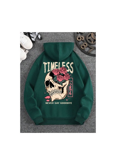Medinenur Timeless Kuru Kafa Baskılı Kapüşonlu Cepli Sweatshirt Yeşil