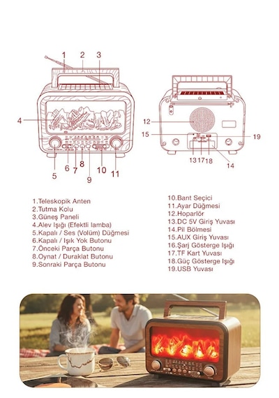 Güneş Enerjili Nostaljik Alev Efektli Şömine Tasarım Bluetooth Hoparlör Radyo