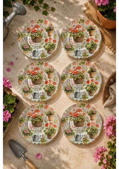 6 Lı Cam Çay Tabağı - Bahçe Çiçekleri Ve Sardunya Desenli 12 Cm - 6 Adet Çay Tabak Kahverengi