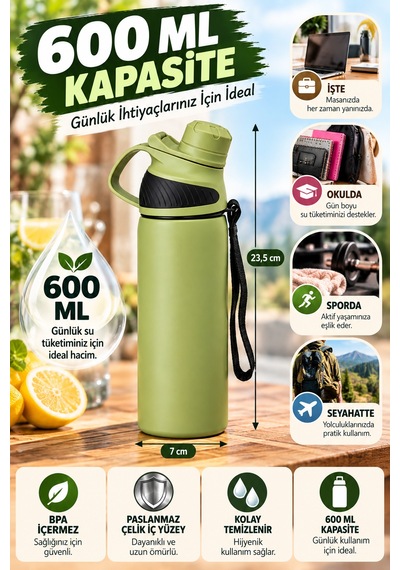 600 Ml Haki Termos Matara Paslanmaz Çelik İç Yüzeyli Kulplu Taşıma İpli Sıcak Soğuk İçecek