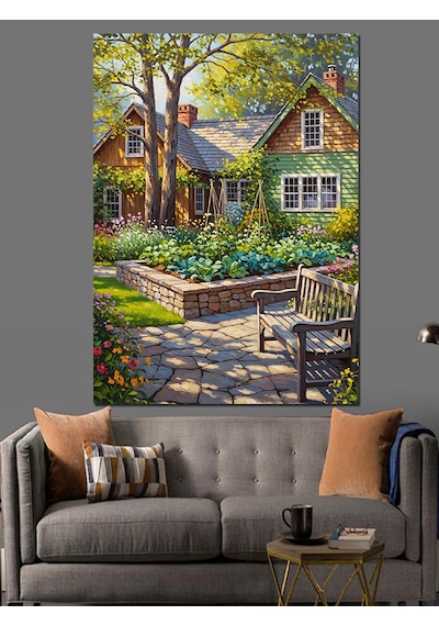 Ahşap Tablo Çiçekli Bahçe Evi Manzara