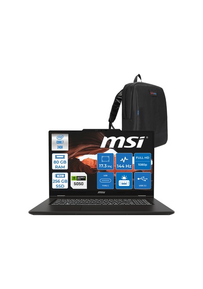 MSI Venture Pro 17 A2RWEG-027XTR-F21 Core 7 240H 80 GB 256 GB SSD RTX5050 17.3" Free Dos Dizüstü Bilgisayar + Çanta