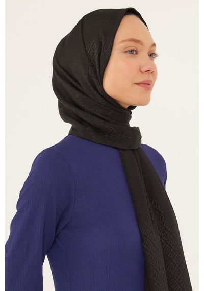 Mirsoy Scarf Halka Desen Parlak Jakar Şal - Siyah Siyah
