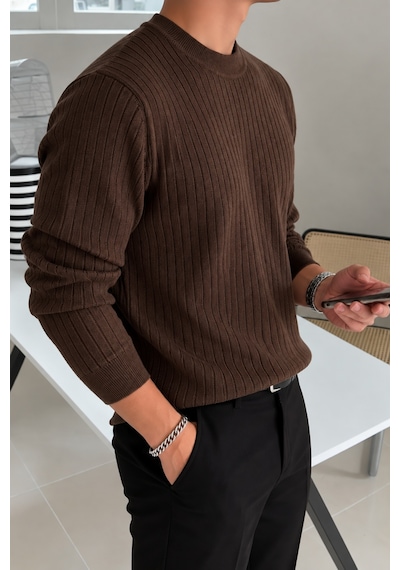 Erkek Bisiklet Yaka Slim Fit Triko Kazak Kahverengi