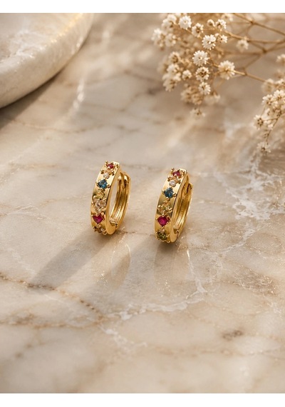 Renkli Taşlı Küpe Gold Renk