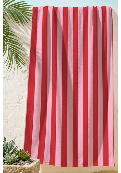 Çizgili Pembe Kırmızı Plaj Havlusu - Modern Marin Stil Havuz Deniz Hızlı Kuruyan Mikrofiber Havlu Sisli Deniz