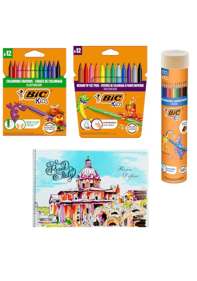 Bic 3'lü Boya Seti Kuru + Keçeli + Pastel Boya 12'li ve Resim Defteri