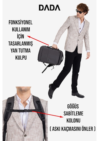 Körüklü Laptop Sırt ve Seyahat Çantası 15,6 İnç 40 Litre Usb Su Geçirmez Kumaş Gri Dada 12