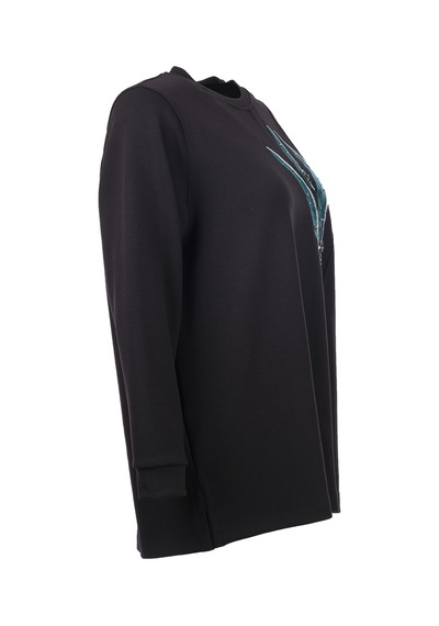 Büyük Beden Desenli Taş İ Şlemeli Sweatshirt Gala-xi Siyah