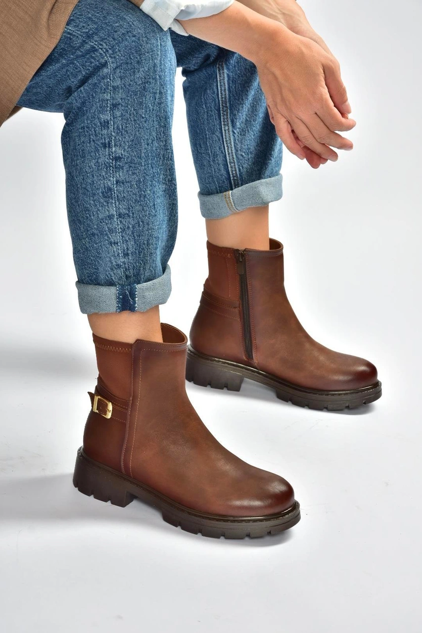 Fox Shoes V674420409 Taba Kalın Tabanlı İçi Tüylü Kadın Bot Taba-Suni Deri