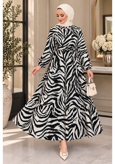 Maşuka Monako Kumaş Desenli Kuşaklı Şık Ve Rahat Tesettür Elbise - Uzun Kol Maxi Boy Kadın Elbise Zebra-desen Zebra-desen Maşuka Monako Kumaş Desenli Kuşaklı Şık Ve Rahat Tesettür Elbise - Uzun Kol Maxi Boy Kadın Elbise Zebra-desen Zebra-desen