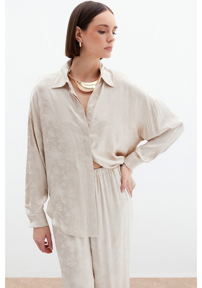 Sateen Jakarlı Saten Gömlek - Bej-136037 Bej