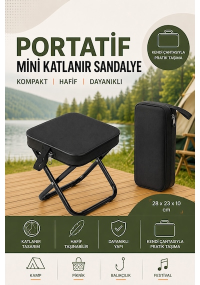 Exenar - Siyah - Katlanır Mini Kamp Sandalyesi Hafif El Çantası Boyutunda Portatif Taşınabilir Piknik Taburesi