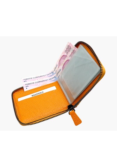 Westpolo Hakiki Deri Unisex Fermuarlı Cüzdan Kartlık - Hardal Hardal