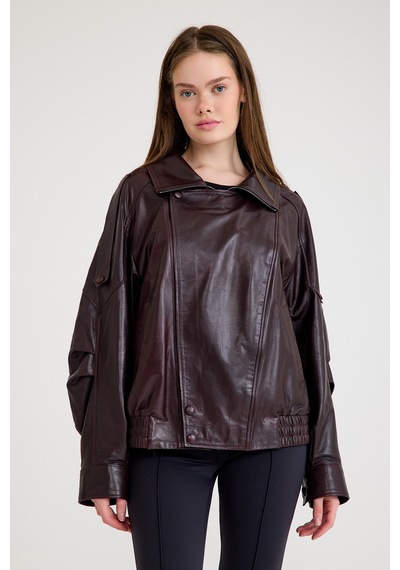 Oversize Kısa Bayan Deri Ceket Vb-14-bk-2847-24115 Bordo