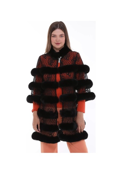 Furrier Suni Kürk Detaylı Dik Yaka Çiçek Desenli Dantel Yelek Siyah