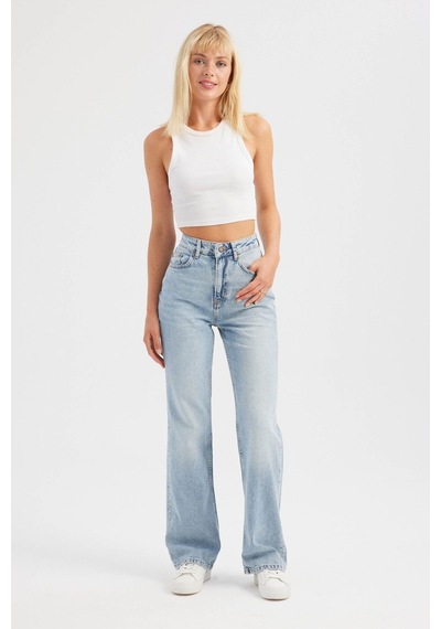 Hiccup Yüksek Bel Straight Kot Pantolon Açık Mavi Denim