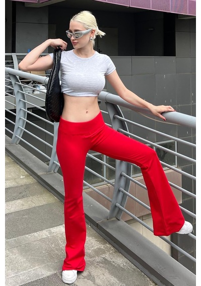 Madmext Kırmızı Beli Fitilli Yüksek Bel İspanyol Paça Pantolon Mg2096-kırmızı Kırmızı
