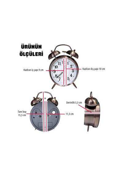 Upway Retro Tarz Bakır Masa Saati Büyük Boy Çanlı Tokmaklı Işıklı Metal Kasalı Bakır