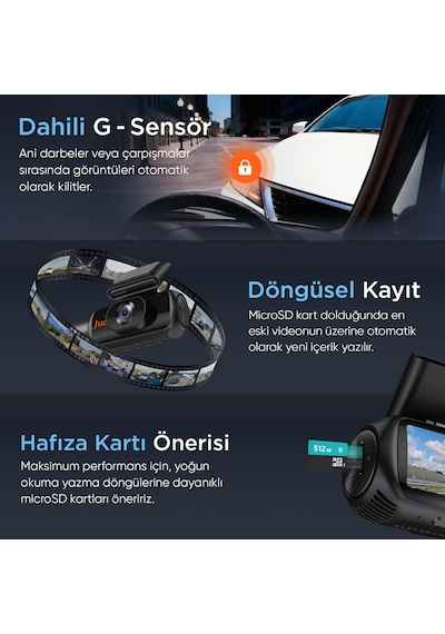 Juo C30 2k Qhd Ön + Fhd İç + Fhd Arka 3 Kameralı Wifi Gps Hdr Araç Kamerası Ekranlı 170 Geniş Açı Gece Görüş Araç İçi Kamera