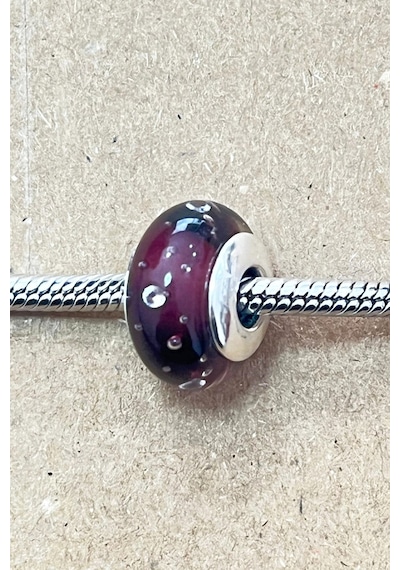 Fubena Dalgacıklı Bordo Murano Charm Gümüş