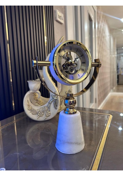 Lüks Gold İskelet Mekanizmalı Mermer Tabanlı Dekoratif Masa Saati Altın