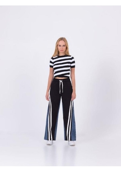 Zekids Kız Çocuk Şeritli Bol Paça Denim Pantolon-13453-siyah Siyah
