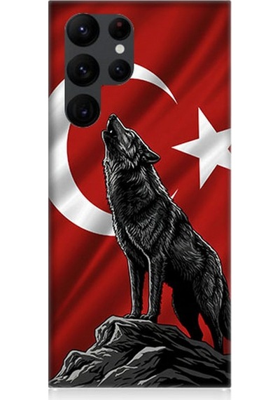 Samsung Galaxy S22 Ultra Uyumlu Bayrak Önünde Uluyan Kurt Desenli Silikon Kılıf Çok Renkli