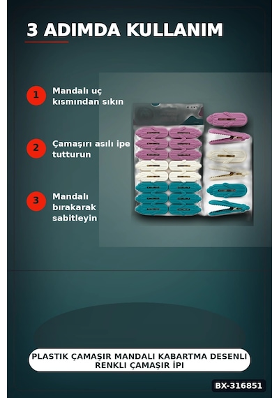 Plastik Çamaşır Mandalı Kabartma Desenli Renkli Çamaşır İpi Mandalı 16 Adet Bx-316851 Çok Renkli