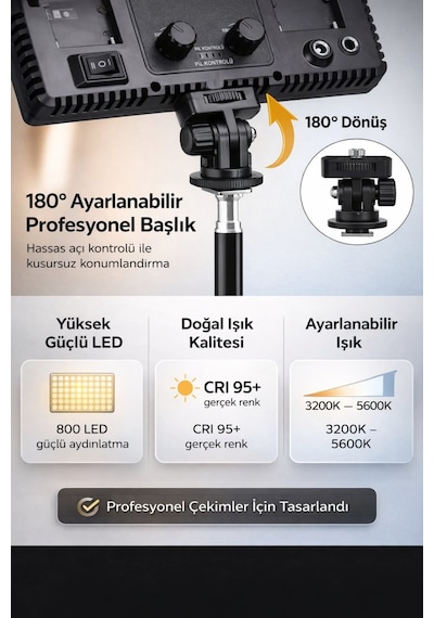 800 Led Profesyonel Video Işığı Tripodlu Ayarlanabilir Parlaklık & 3200k-5600k Renk Sıcaklığı Fotoğraf, Yayıncı, Vlog Işığı