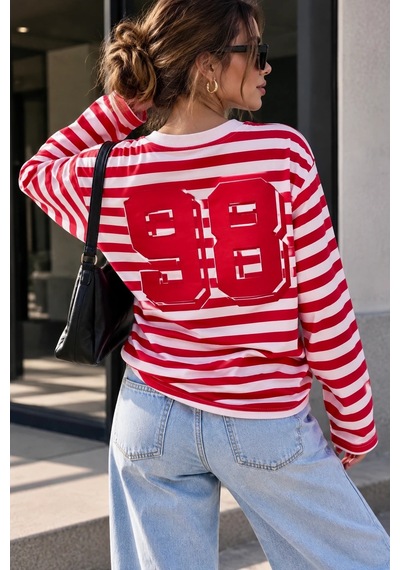 Bbbutikbasic Wild Baskılı Çizgili Uzun Kollu Kadın Sweatshirt My3535 Kırmızı