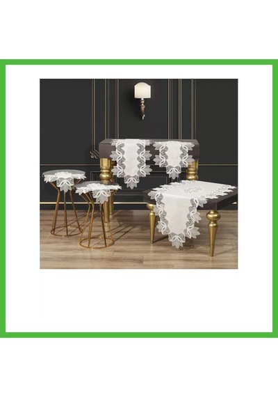 Vaveni Salon Takımı Krem-gold Kayla Model 5 Parça Keten Dantelli Masa Örtüsü Runner Seti Arz