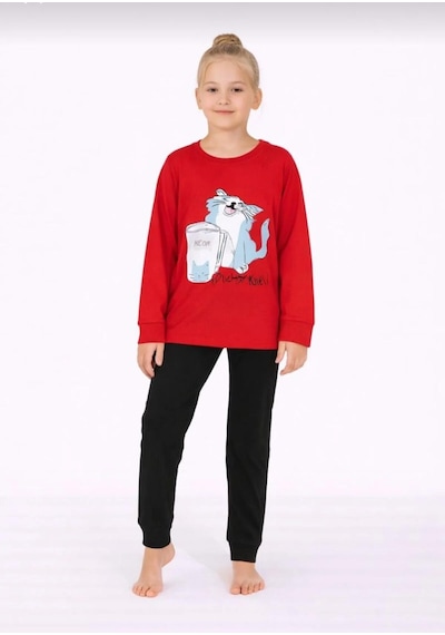 Kız Çocuk Kedi Baskılı Uzun Kollu Pijama Takımı Rahat Ev Giyimi-8411- Kırmızı