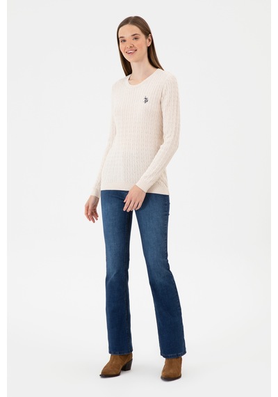 U.S. Polo Assn. Kadın Krem Melanj Bisiklet Yaka Basic Kazak 50313626-VR159