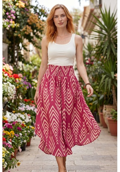 Soulshae Geometrik Desenli Beli Lastikli Asimetrik Midi Etek Pembe