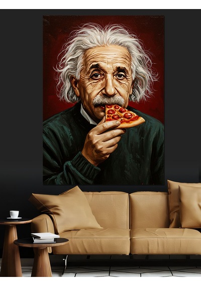 Pizza Yiyen Bilim İnsanı Portresi Dekoratif Kanvas - Mdf Ahşap Tablo