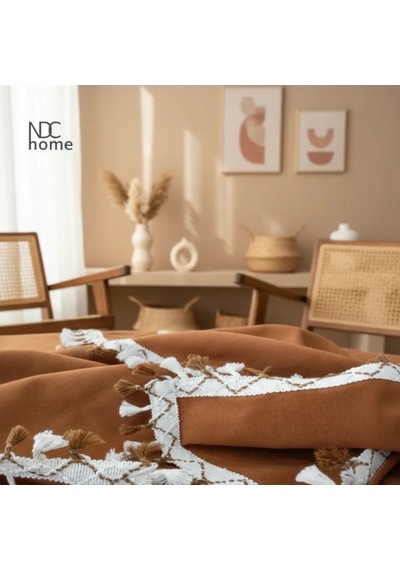 Premium Keten Tarçın Tarçın Ponponlu Koltuk Örtüsü 170 X 220 Tarçın