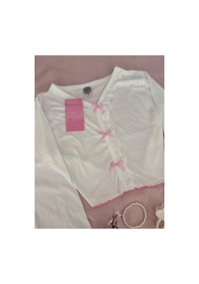Mh Moony Homewears Ruzova Kurdele Detaylı Crop Uzun Kol Üst Pijama Takımı Pembe
