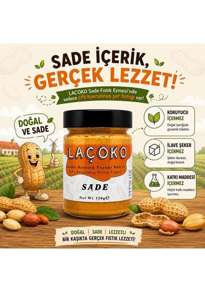 Laçoko 320 Gram Şekersiz, Katkısız, Glutensiz, Vegan, Doğal Çifte Kavrulmuş Yer Fıstığı Ezmesi 320 Gram Diğer