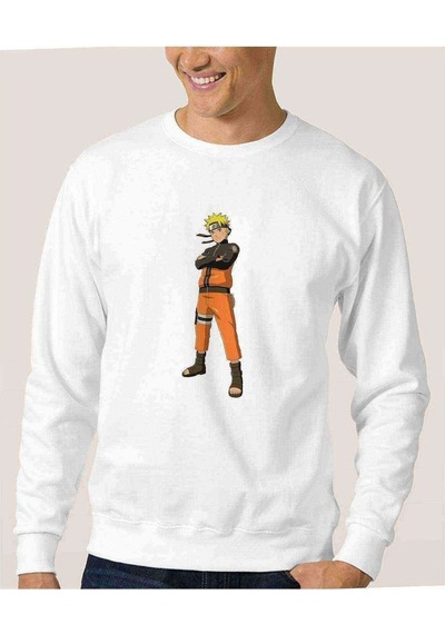 Anime Naruto Headband Shıppuuden Baskılı Beyaz Erkek Örme Sweat