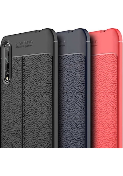 Noktaks - Huawei P Smart S Y8p Uyumlu Kılıf Deri Dikiş Görünümlü Niss Karbon Silikon Kapak - Lacivert - T13926