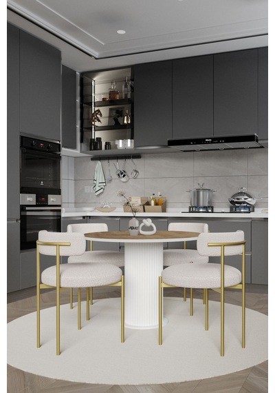 Avvio Armony Ptt Lake Mdf Ayak 4'lü Teddy Sandalye 90x90 Masa Sandalye Takımı Sandalye Bukle Kumaş Akça