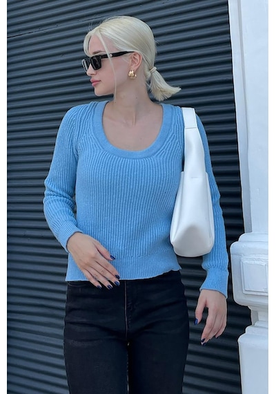 Madmext Mavi Bisiklet Yaka Basic Örme Kazak Mg2189 Mavi